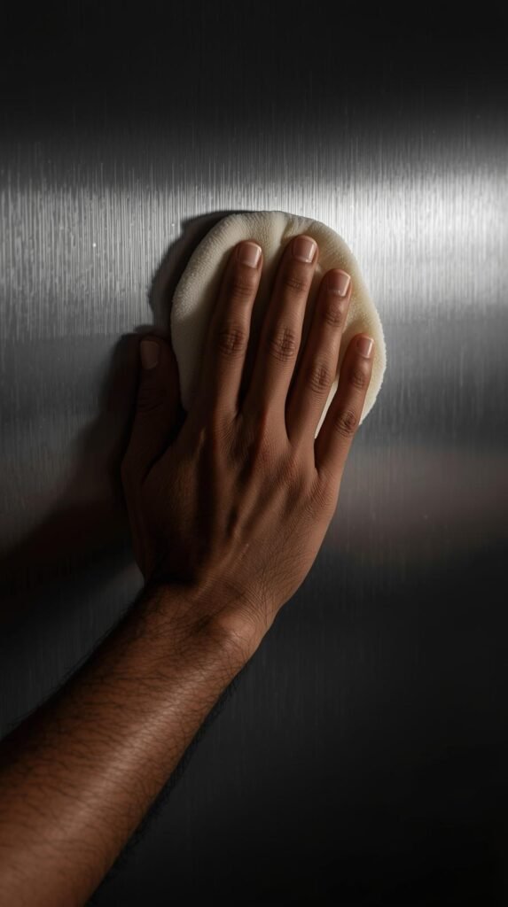 A close-up of someone polishing a stainless-steel appliance using long, even strokes that follow the grain. 