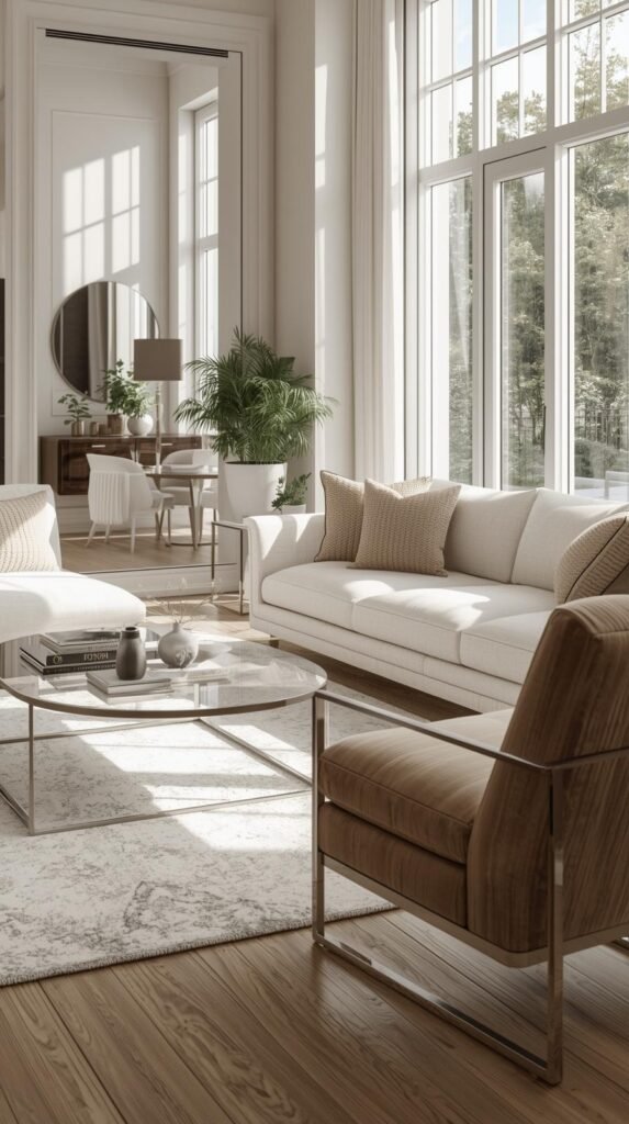 A contemporary living room featuring chrome-leg furniture such as a coffee table or accent chair.