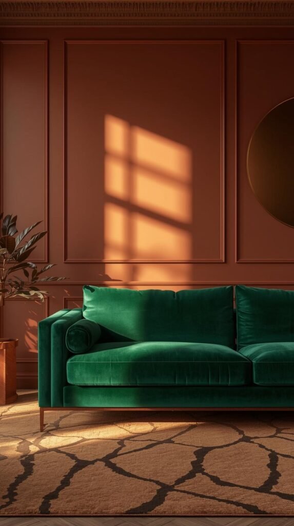 A cozy living room showcasing 2026 interior design furniture trends. Warm layered lighting, emerald green velvet sofa as the focal point.