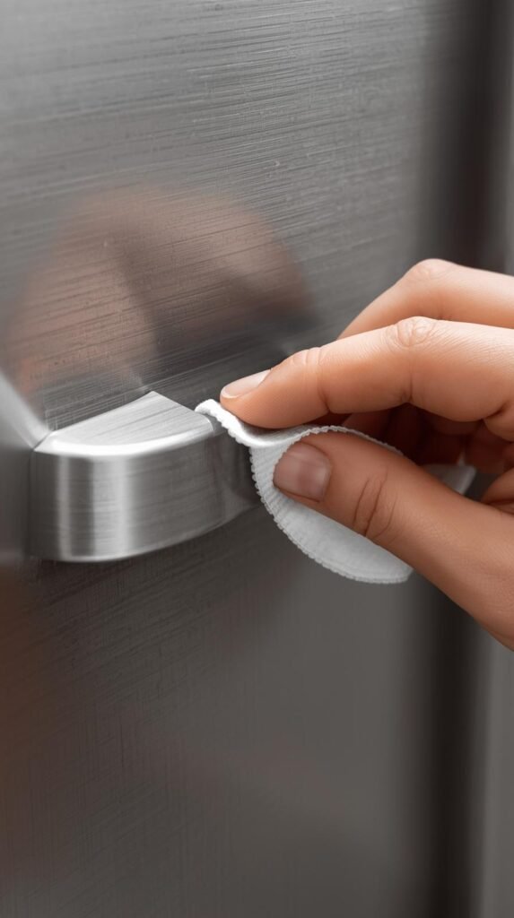 A detail shot of a hand cleaning the handle and edges of a stainless steel refrigerator using a small microfiber cloth.