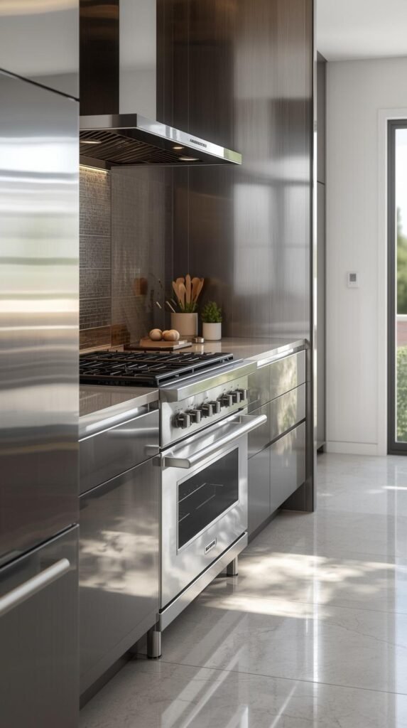 Text Overlay in bold white modern font with black background: How to Get Stainless Steel Appliances Streak-Free.