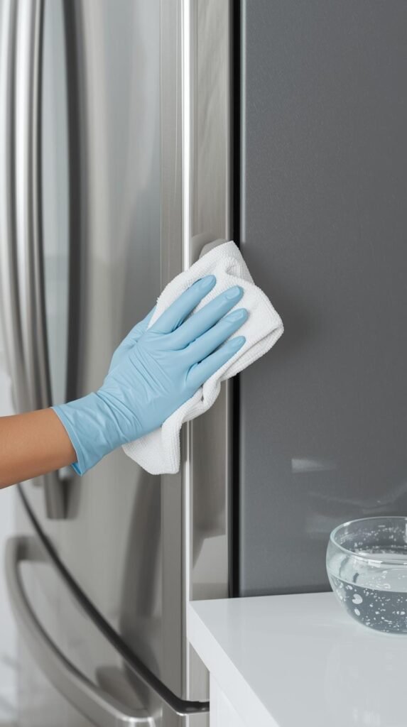 A hand wiping a stainless steel appliance with a damp microfiber cloth and a small bowl of soapy water nearby. 