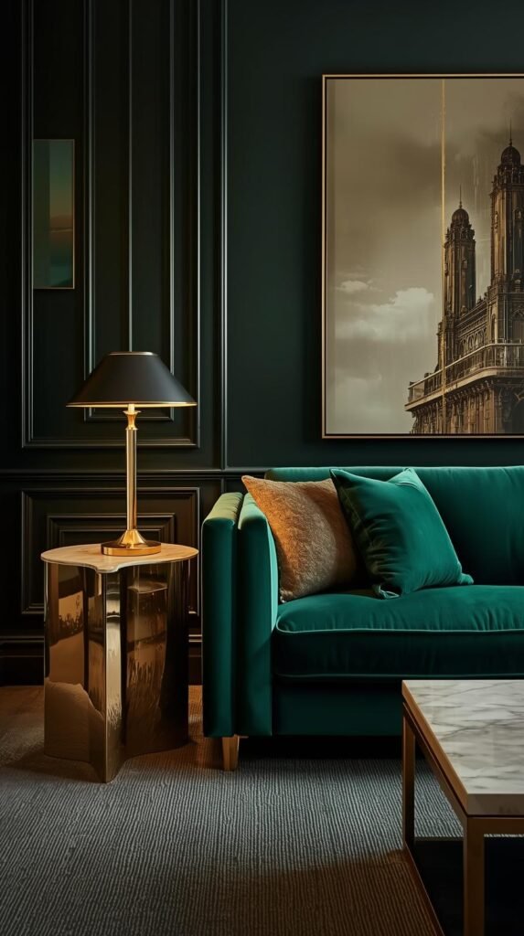 A luxurious NeoDeco-inspired living room with an emerald velvet sofa, brass table lamp, marble side table, and geometric wall art. Rich jewel tones, polished metal accents, and symmetrical styling. Soft, moody lighting for a refined editorial finish.