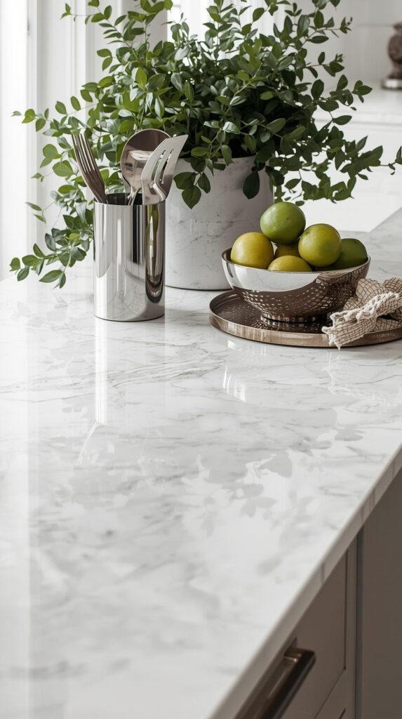 A modern kitchen countertop with chrome accents including a utensil holder, fruit bowl, and tray, paired with greenery and neutral textures