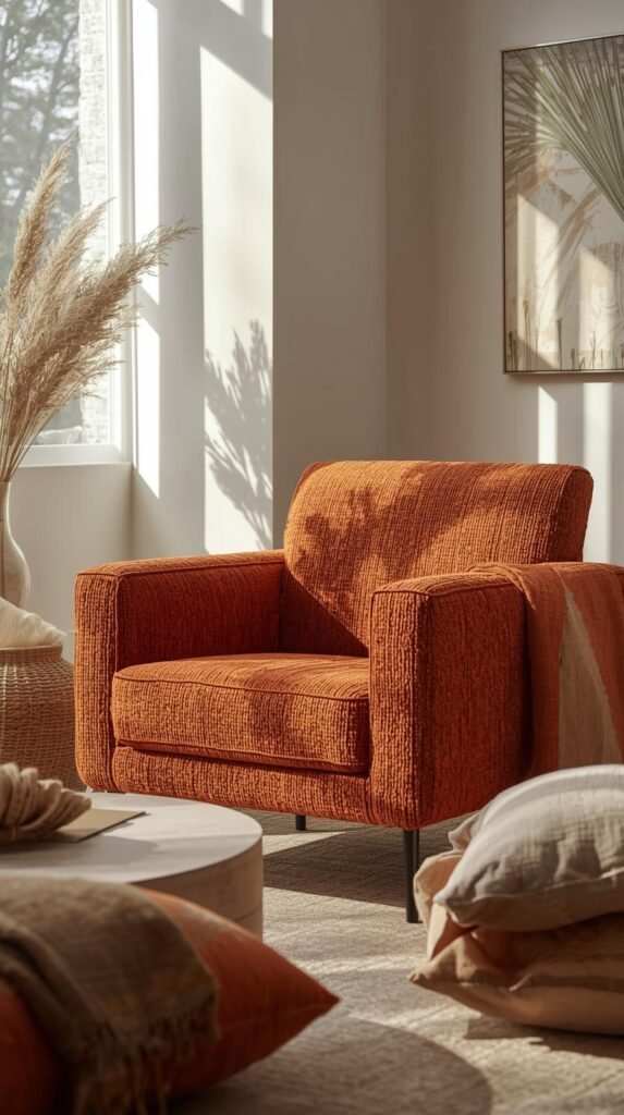 A modern seating area featuring a burnt orange boucle armchair, textured throw pillows, layered linen and wool accents.