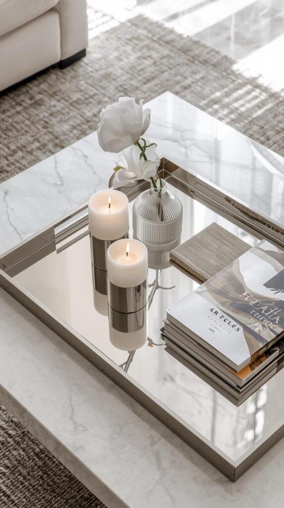 A polished chrome tray on a marble or glass coffee table, styled with candles, a small vase, textured coasters.