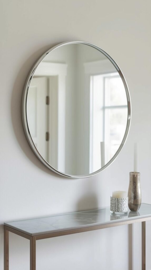 A round chrome-framed mirror mounted above a console table, reflecting soft natural light, styled with a small vase and candle