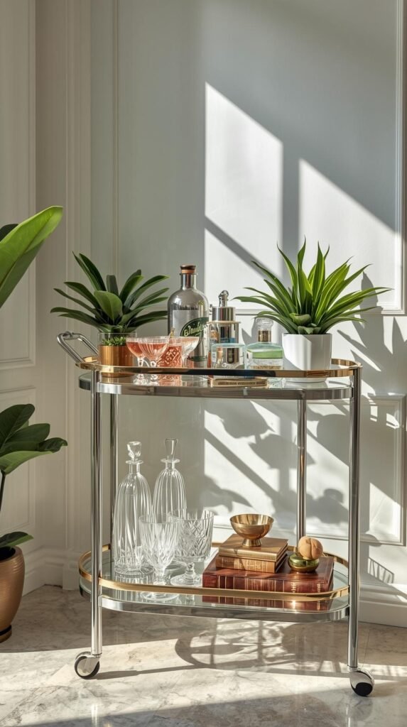 A sleek chrome bar cart with glass shelves styled with glassware, cocktail tools, greenery, and decorative books