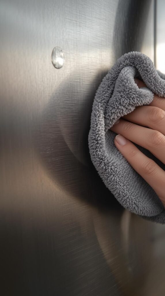 A small drop of mineral oil on a microfiber cloth being buffed into a stainless steel fridge door.