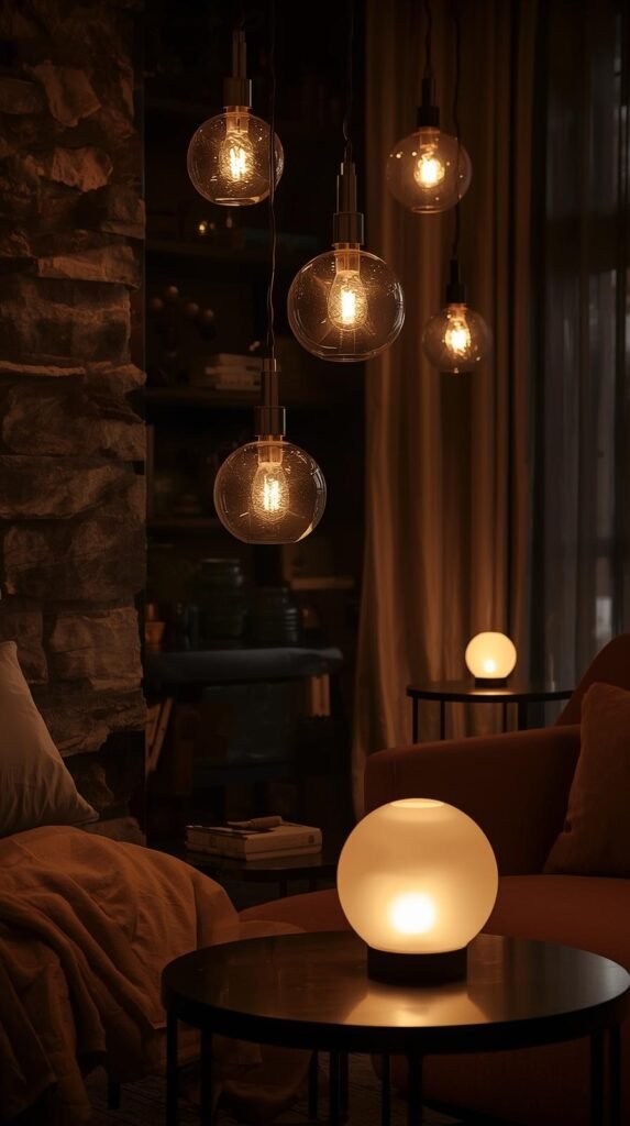 A softly lit living space featuring sculptural table lamps, frosted glass pendants, and warm LED bulbs.