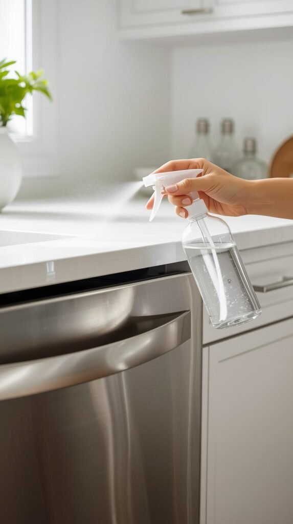 A spray bottle filled with a clear vinegar-and-water mixture next to a stainless steel dishwasher. 