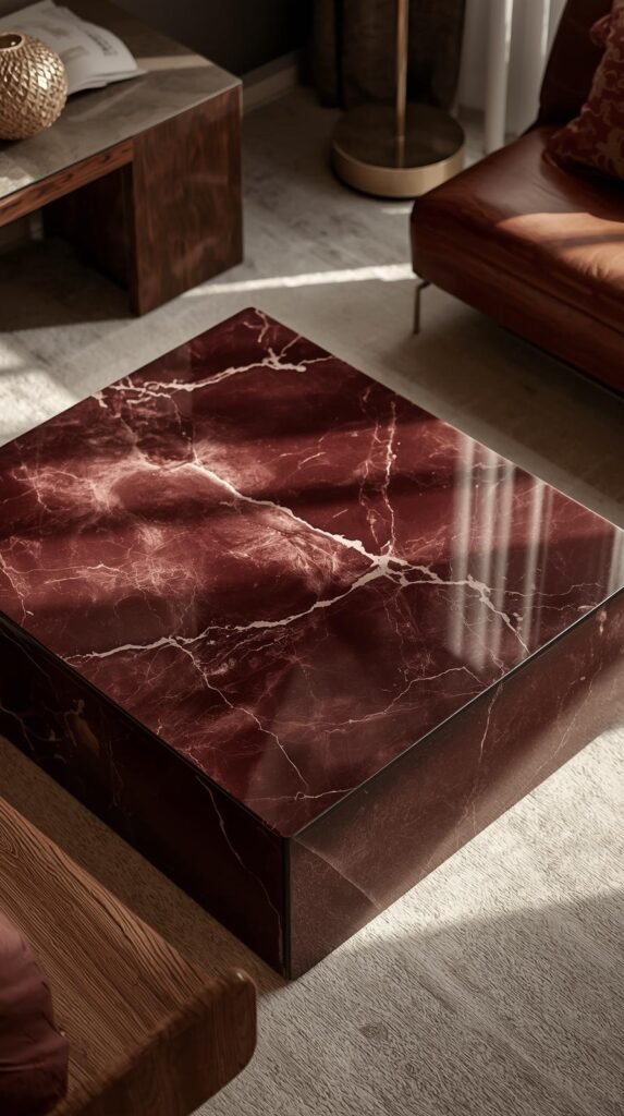 A stunning moody marble coffee table in deep burgundy with dramatic veining, styled with walnut wood accents and brass decor.