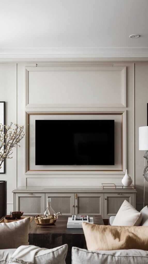 A styled living room wall featuring a TV framed like artwork, subtle trim framing the TV, balanced decor on both sides, neutral modern aesthetic, soft textures, cozy but polished vibe, TV blended seamlessly into the wall design, realistic home interior photography.