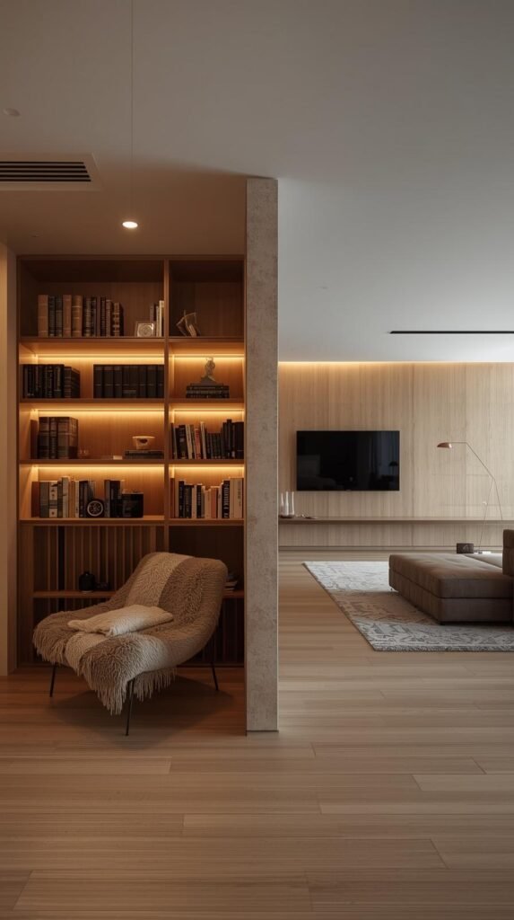 A stylish open-concept room subtly divided with a bookshelf room divider, cozy reading nook on one side, living space on the other.
