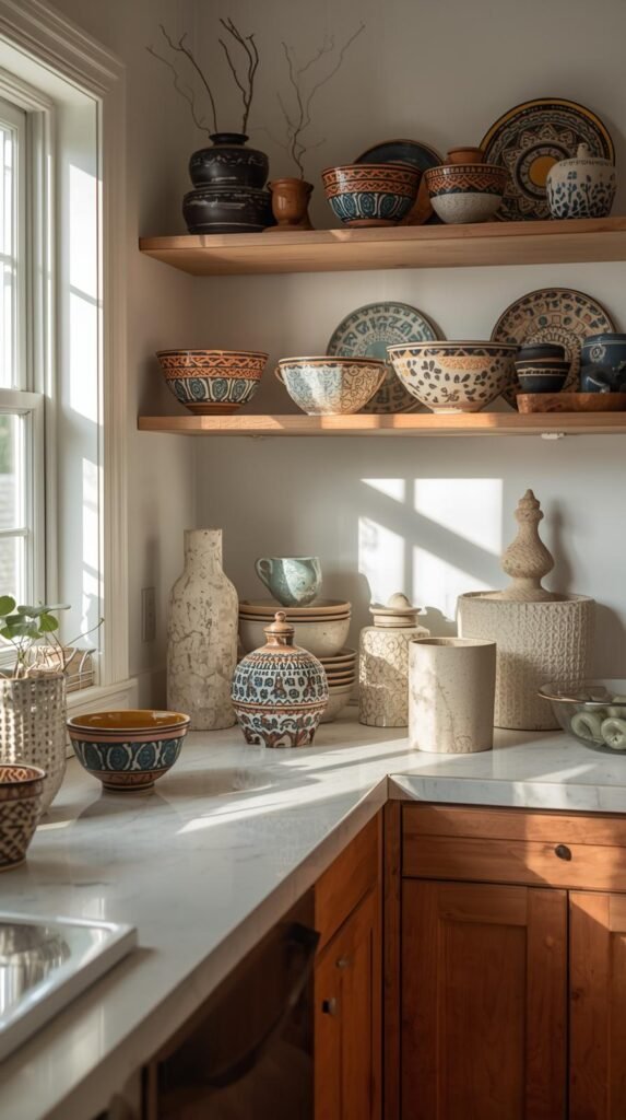 A vibrant eclectic kitchen showcasing unique thrifted decor—vintage bowls, antique spice racks, sculptural ceramics, and mismatched dishware; black cabinets, marble counters, brick flooring, bold art; warm natural daylight; full kitchen shot emphasizing the collected-over-time charm.