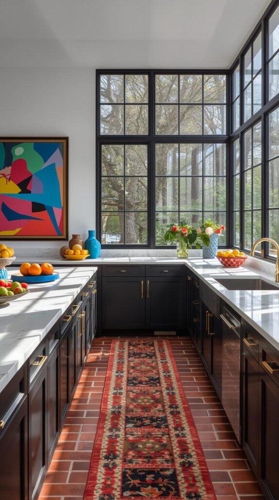 A vibrant eclectic modern kitchen featuring dynamic color pops—bold artwork, colorful accessories, bright fruit bowls, and a patterned runner; black cabinetry with brass accents; white marble counters; brick flooring; abundant sunlight from large grid windows; full-room composition with energetic color moments.