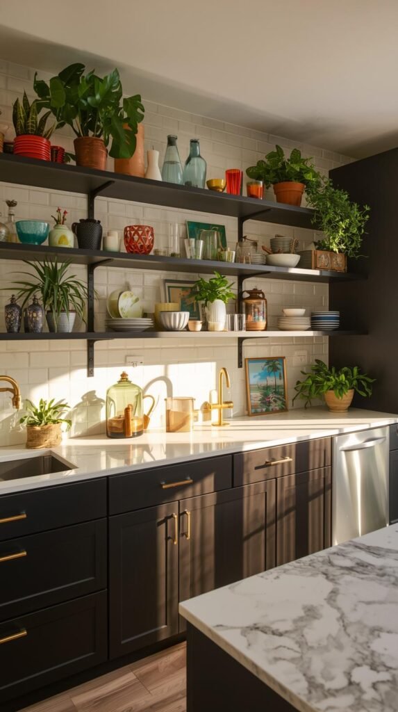 A vibrant eclectic modern kitchen with beautifully styled open shelves; mix of colorful ceramics, glassware, plants, small artworks and black shaker cabinets