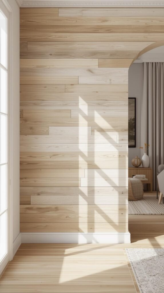 Accent wall made of peel and stick wood planks in mixed light and medium tones, natural grain.