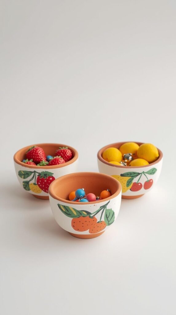 Adorable mini clay bowls painted with fruit designs like strawberries, lemons, or cherries. Bright cheerful colors, smooth matte texture.