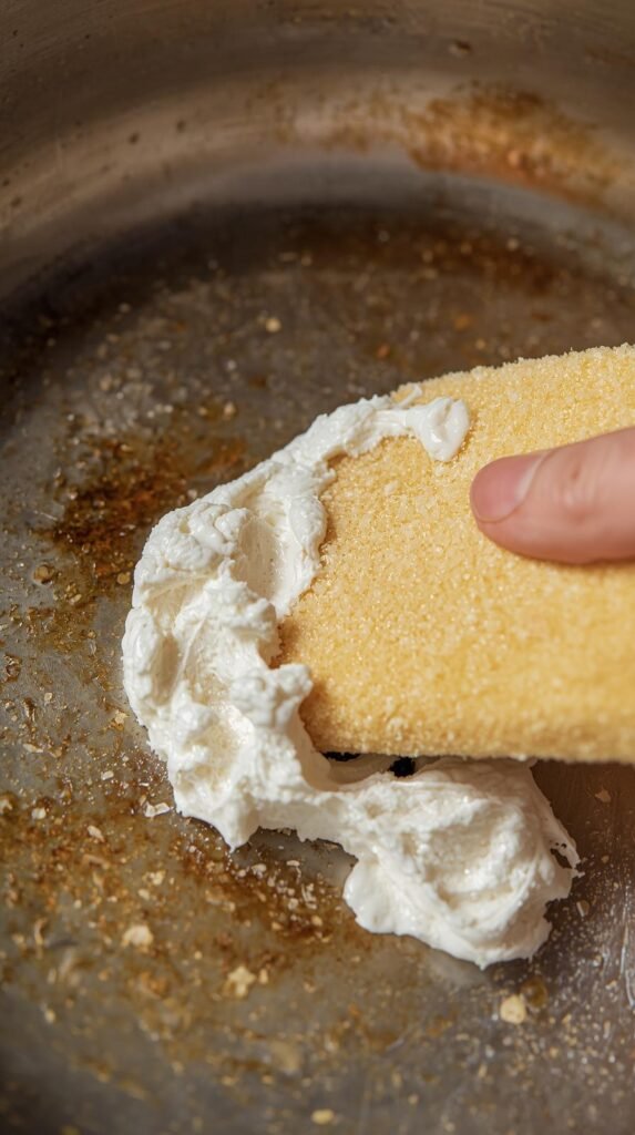 Baking soda paste being applied to a stained stainless steel pan with a soft sponge, creamy texture visible