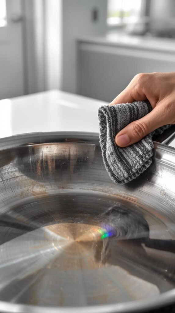 Bar Keepers Friend being applied to a stainless steel pan with visible rainbow discoloration, microfiber cloth in hand.