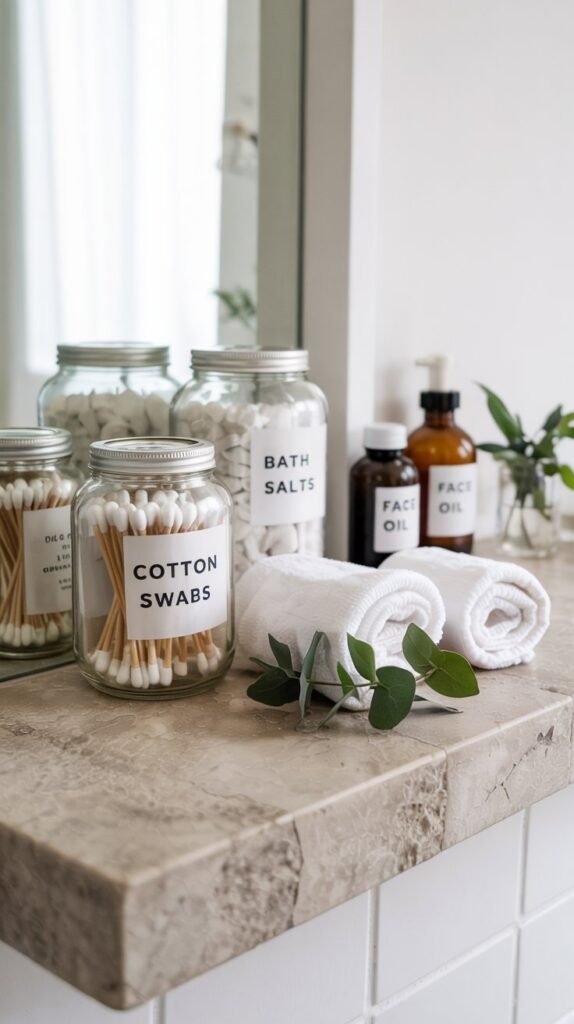 Bathroom jars and bottles labeled with minimalist vinyl decals.
