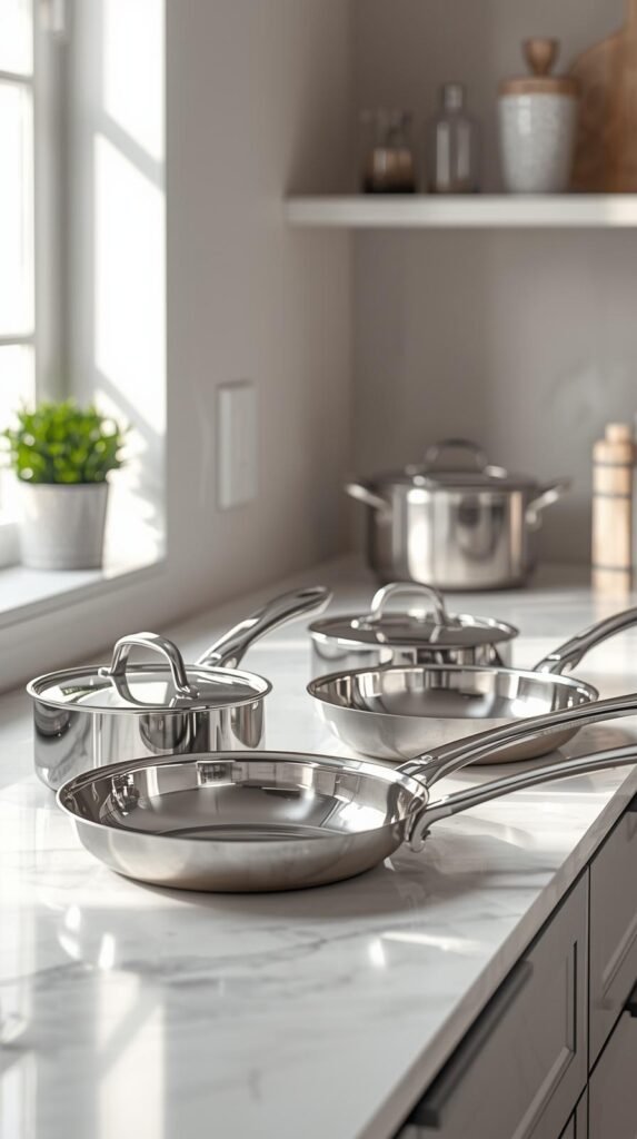 Beautifully polished stainless steel pans resting on a countertop, flawless shine, soft natural window light, neutral modern kitchen styling
