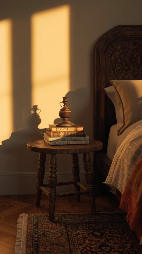 Bedroom scene with a vintage wooden stool used as a nightstand, small lamp on top, book stack, cozy rug underneath.