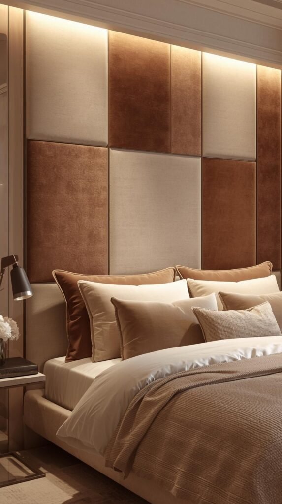 Bedroom wall covered in peel and stick velvet and suede panels in warm neutrals, tall headboard.