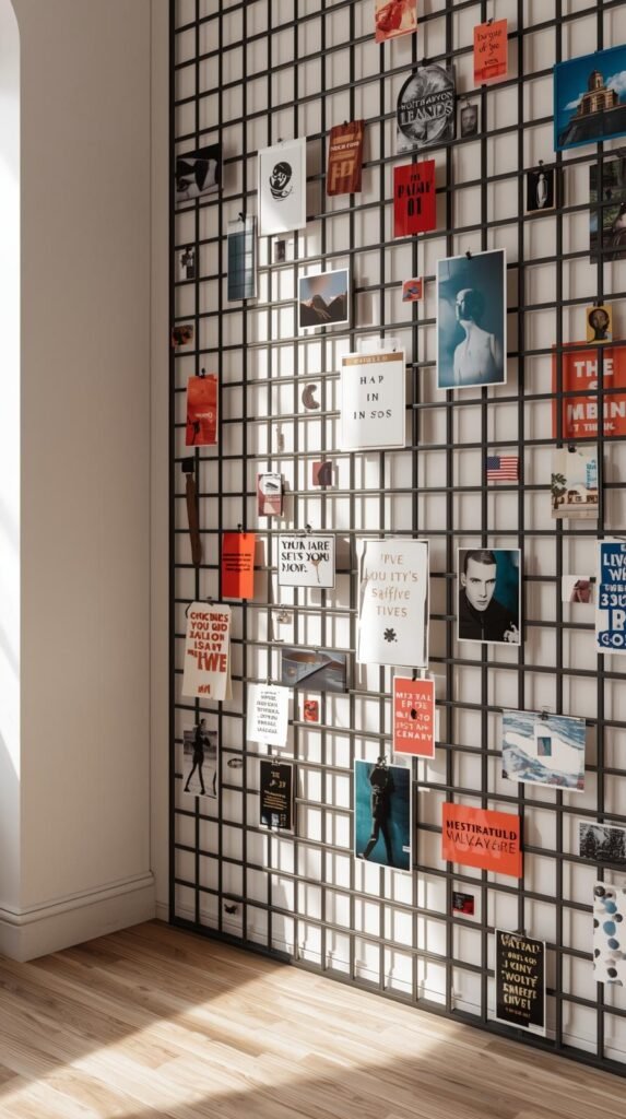 A vision board wall designed in a single color palette (blush, neutrals, or jewel tones), cohesive prints and textures arranged neatly.