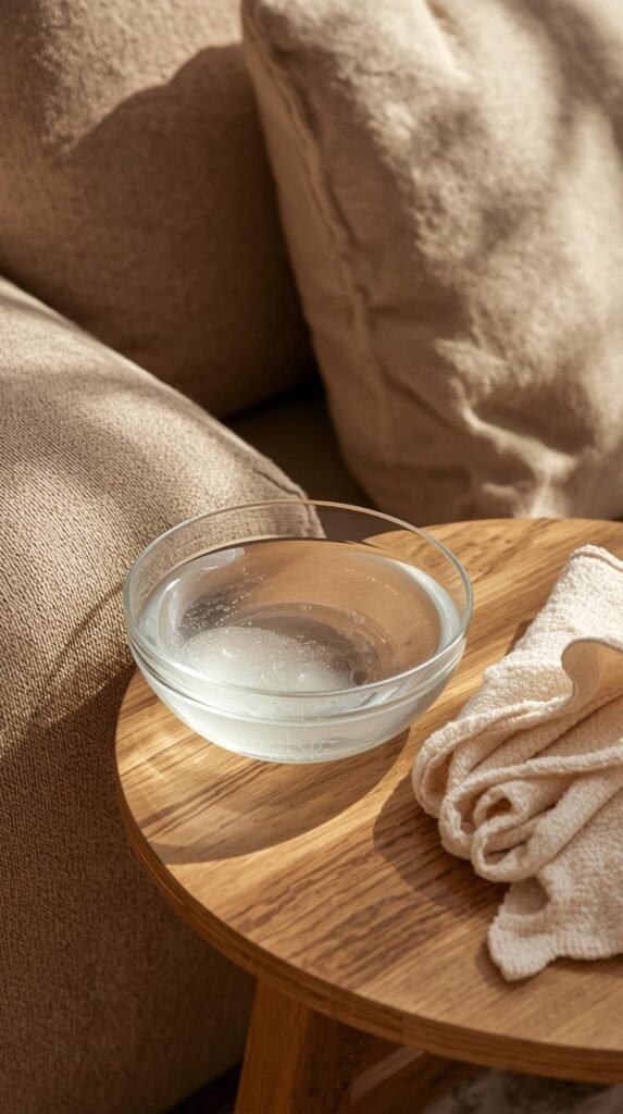 Bowl of mild soap solution with a microfiber cloth beside a fabric couch, soft neutral tones