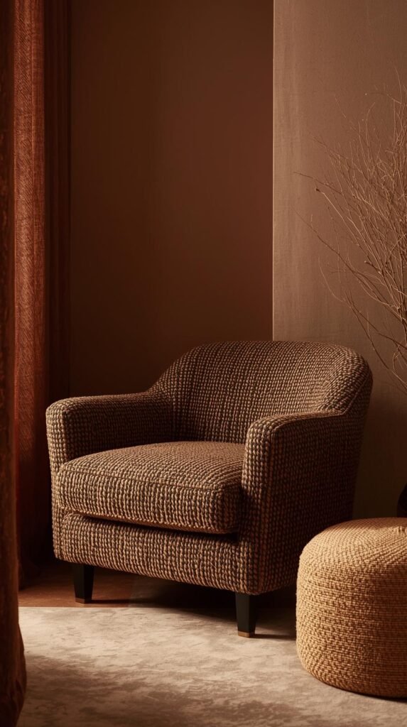Brown boucle accent chair with soft textured fabric, shown in a cozy corner vignette, warm ambient lighting, simple backdrop.