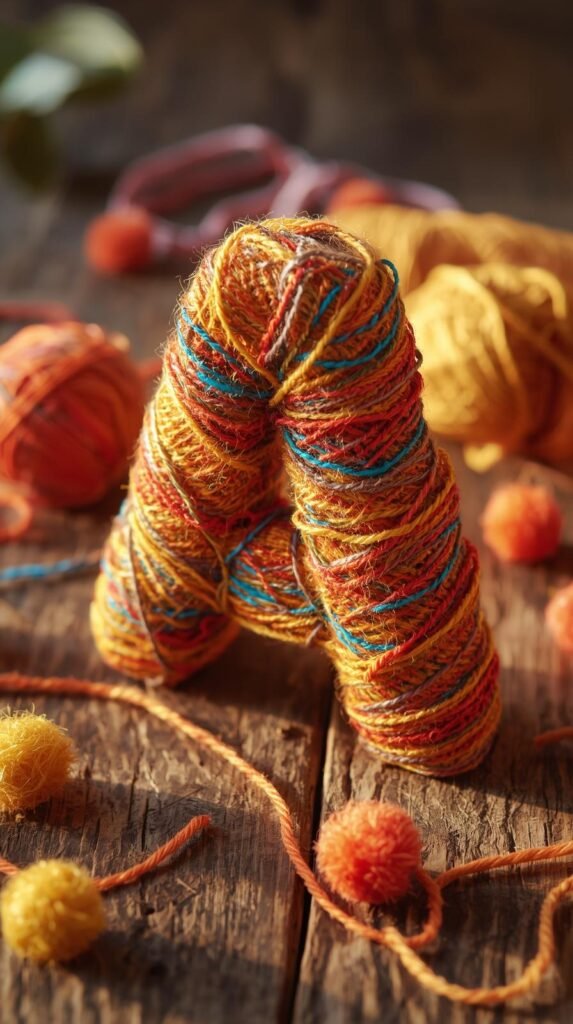 Cardboard letter wrapped in colorful yarn, cozy textures, warm natural lighting, small yarn balls scattered around the workspace.