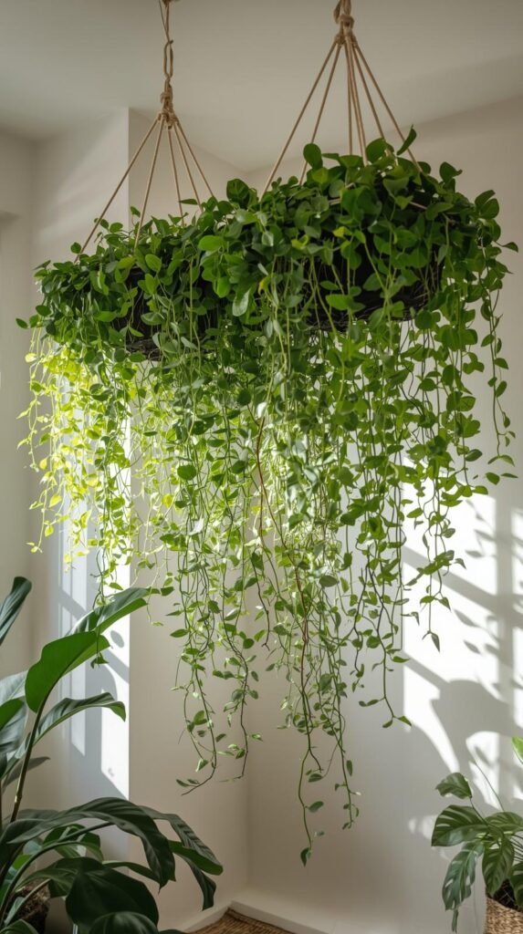 Ceiling-mounted hanging plant divider with trailing vines and macrame hangers, lush greenery.