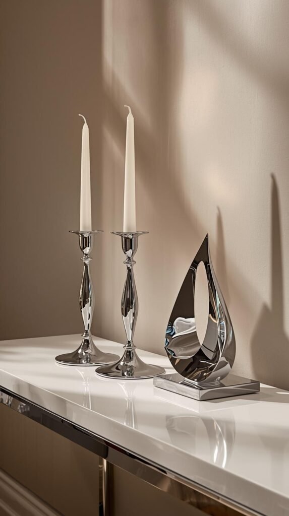 Chrome candleholders and a modern chrome sculpture arranged on a console table, soft ambient lighting.