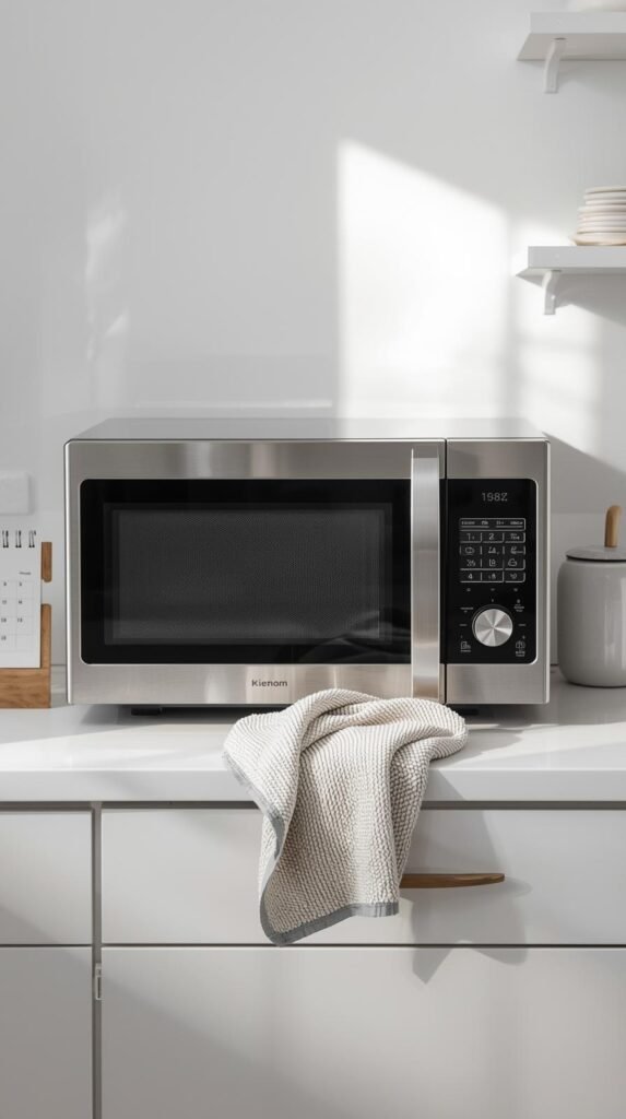 How to clean your microwave - clean microwave in a tidy kitchen, microfiber cloth resting nearby.