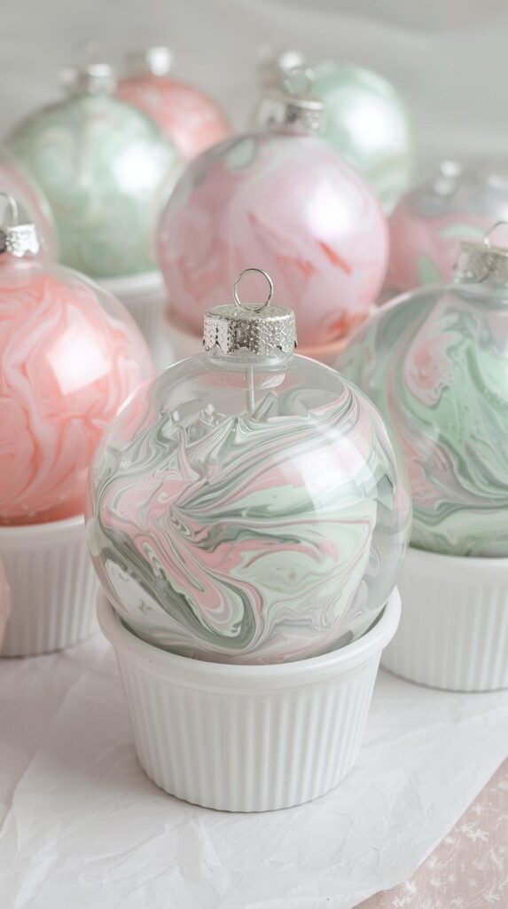 Clear plastic ornaments filled with swirling marbled paint in pastel colors, drying upside down in cups, glossy texture, soft holiday vibe.