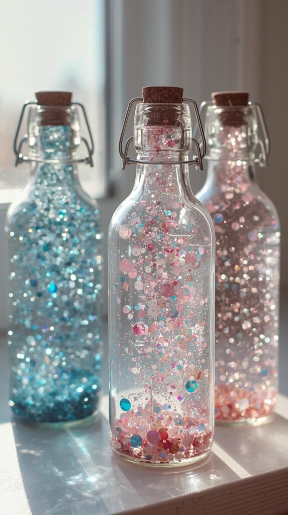 Clear sensory bottles filled with glitter, sequins, and colorful beads, glowing in window light, calming aesthetic, soft blues and pinks.