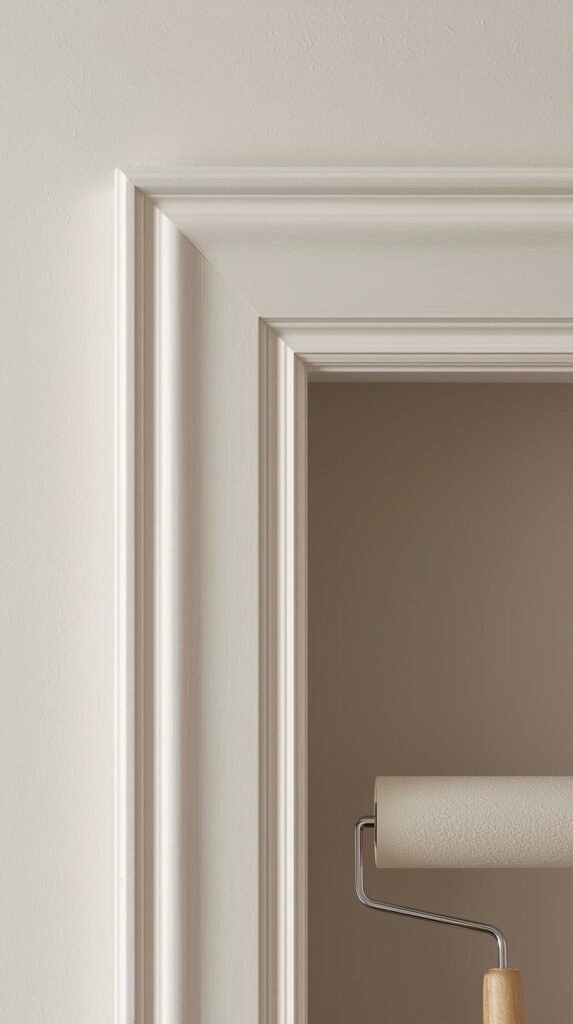 Close-up of a freshly painted TV frame blending into a neutral wall, smooth finish with no brush marks, foam roller and angled brush nearby.