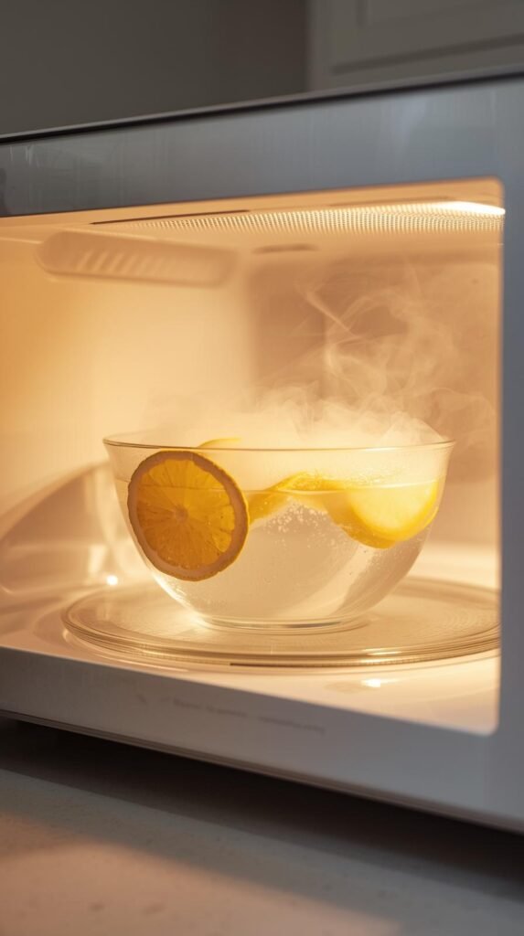 Close-up of a microwave interior with steam fogging the glass, a microwave-safe glass bowl filled with water and lemon slices inside.