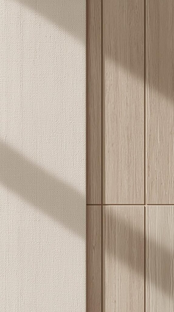 Close up of a wall covered in peel and stick fabric panels in linen and wooden panel.