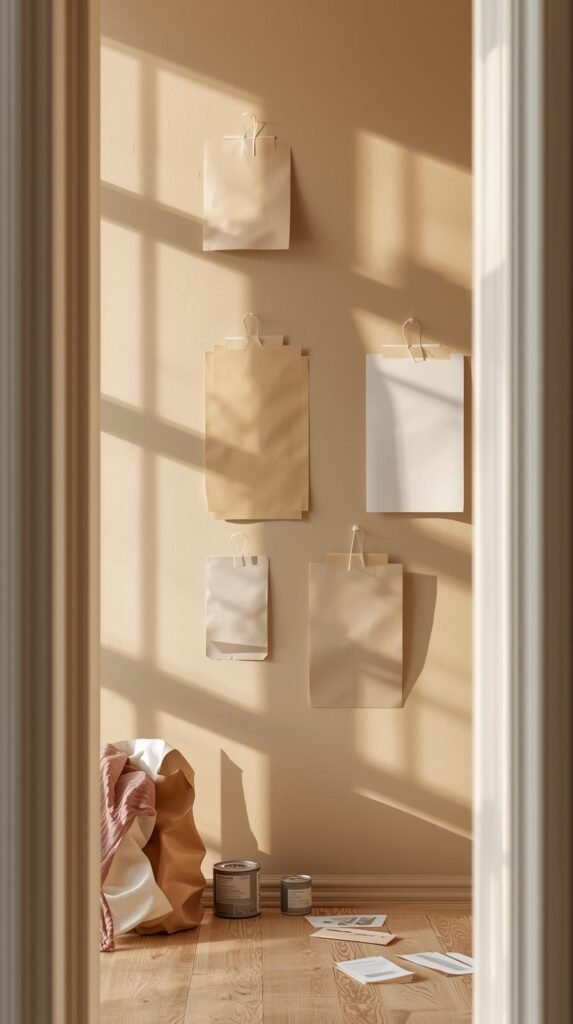 Close-up of a wall painted in a warm neutral matte base color, paint swatches taped to the wall, soft morning light highlighting undertones.