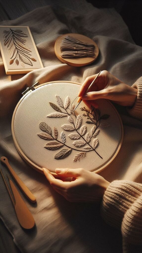 Close-up of adult embroidery hoop with modern floral pattern