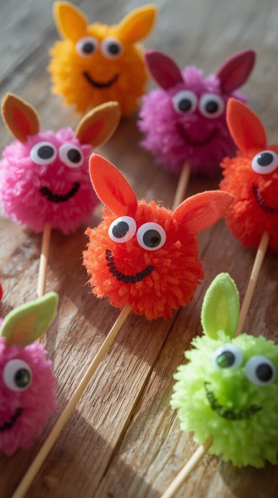 Close up of colorful pom pom bookmark creatures on a wooden table, googly eyes and foam ears attached to craft sticks.