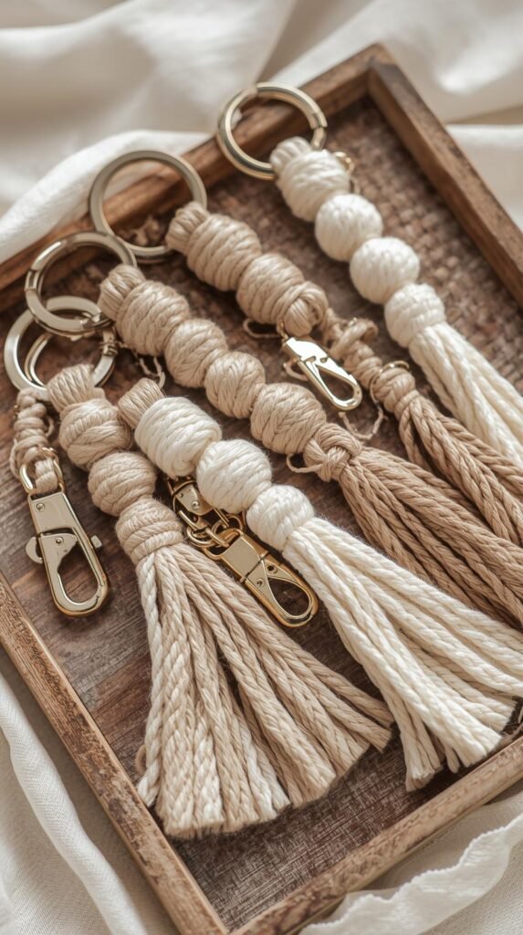 Close up of handmade macrame keychains in cream and muted colors, attached to gold key clips.