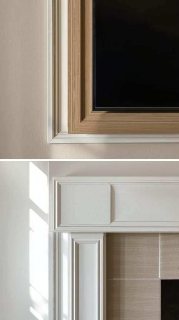 Close-up view of different TV frame styles on a wall, flat modern trim versus simple decorative molding, neutral paint finishes and clean lines.