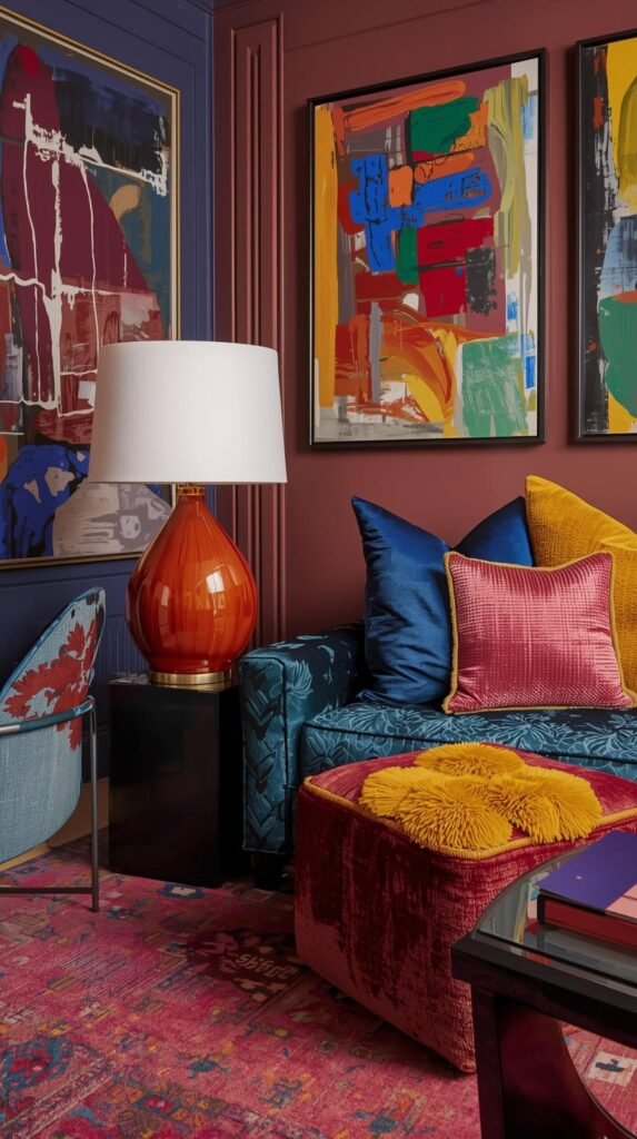Colorful abstract art, patterned rug, statement table lamp, and vibrant pillows. Saturated hues like cobalt, marigold, plum, and green layered intentionally.