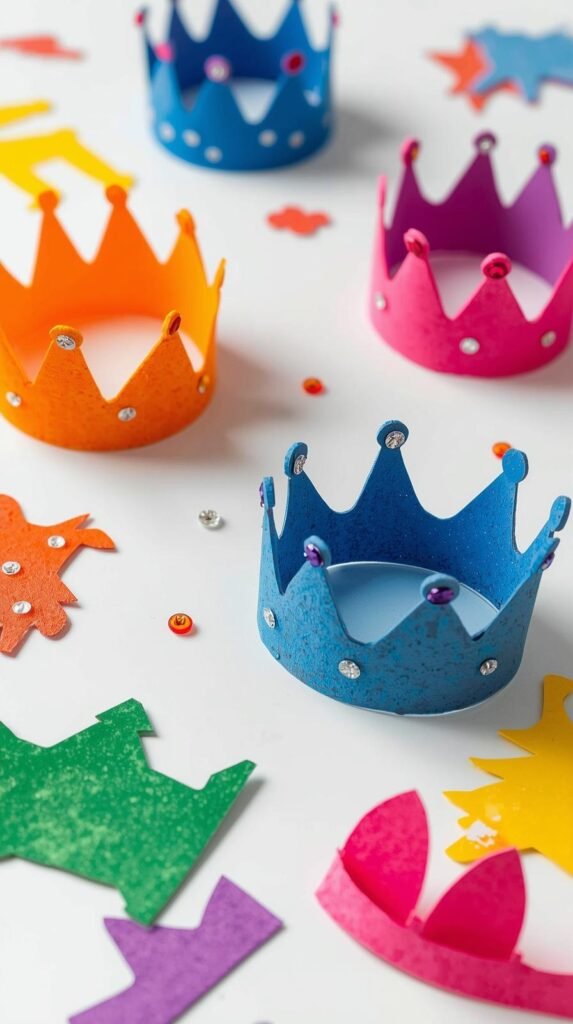Colorful foam crowns decorated with gem stickers, laid out on a white craft table, playful shapes and cutouts, cheerful bright color palette.