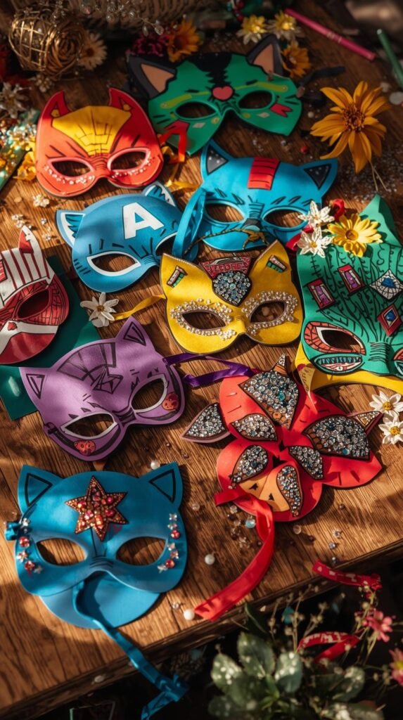Colorful foam masks decorated with gem stickers and glitter pens, superhero and animal shapes, laid out on a craft table.