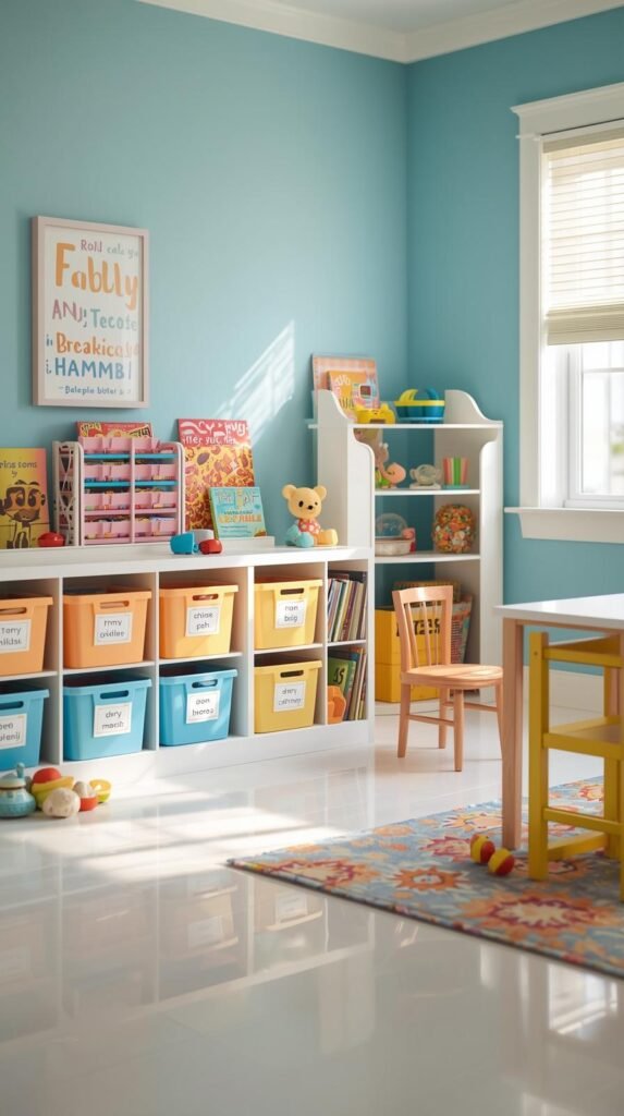 Colorful yet tidy kids’ room with toy bins, picture labels, a small bookshelf, neatly arranged toys, bright playful colors